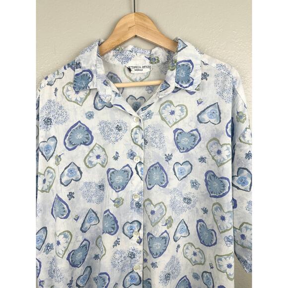 Vintage 80s 90s Heart Floral Novelty Print Button Front Plus Lightweight Top - Picture 4 of 14